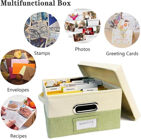 Greeting Card Organizer Box with 20 Removable Dividers & 84 Labels, Foldable Storage for Photos, Postcards (Beige & Green) in Saudi Arabia