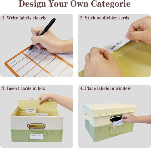 Greeting Card Organizer Box with 20 Removable Dividers & 84 Labels, Foldable Storage for Photos, Postcards (Beige & Green) in Saudi Arabia
