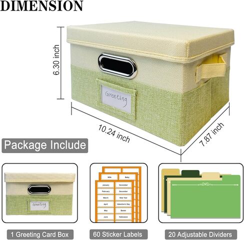 Greeting Card Organizer Box with 20 Removable Dividers & 84 Labels, Foldable Storage for Photos, Postcards (Beige & Green) in Saudi Arabia
