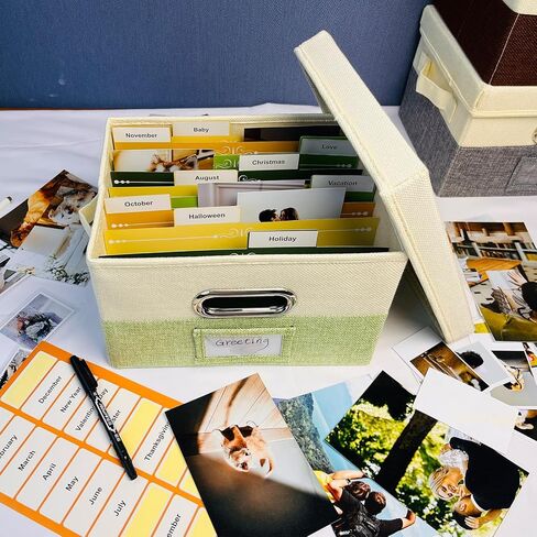 Greeting Card Organizer Box with 20 Removable Dividers & 84 Labels, Foldable Storage for Photos, Postcards (Beige & Green) in Saudi Arabia