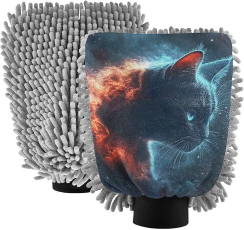 AIXIWAWA Car Wash Mitt Washing Glove Space and Cat Print Scratch Free Water Absorbent 2 Pack Medium in Saudi Arabia