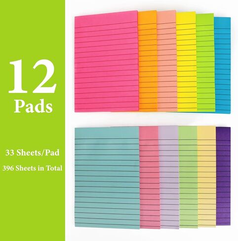 NESCCI 12 Pads Lined Sticky Notes 4x6 Sticky Notes with Lines Self-Stick Note Pads 12 Bright Multi Colors Big Rectangular Sticky Note for Office,Home,School, Meeting, 33 Sheet/Pad in Saudi Arabia