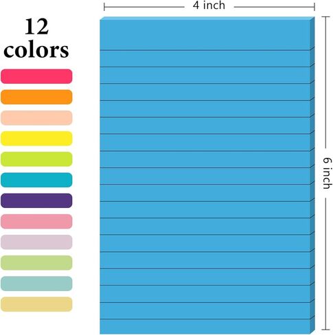 NESCCI 12 Pads Lined Sticky Notes 4x6 Sticky Notes with Lines Self-Stick Note Pads 12 Bright Multi Colors Big Rectangular Sticky Note for Office,Home,School, Meeting, 33 Sheet/Pad in Saudi Arabia