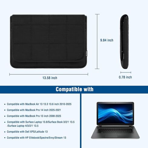 MOSISO 13-14 inch Laptop Case, 13.3 inch Laptop Sleeve Compatible with MacBook Air 13 13.6 M4 M3 M2 M1/Pro 13/Pro 14, HP Dell ASUS Lenovo, Twelve Grid Quilted Flap Computer Bag with Pockets&Belt,Black in Saudi Arabia