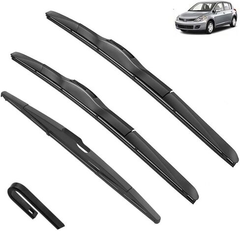 شفرة ممسحة المطر متوافقة مع Nissan TIIDA C11 2004-2012 Latio Versa 24"+14"+14" للسيارة الأمامية والخلفية والزجاج الأمامي وغسالة النوافذ وذراع خطاف على شكل حرف U، شفرة ممسحة مناسبة لجميع الأحوال الجوية (اللون: أمامي خلفي، in Kuwait