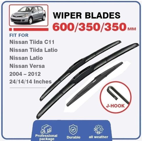 شفرة ممسحة المطر متوافقة مع Nissan TIIDA C11 2004-2012 Latio Versa 24"+14"+14" للسيارة الأمامية والخلفية والزجاج الأمامي وغسالة النوافذ وذراع خطاف على شكل حرف U، شفرة ممسحة مناسبة لجميع الأحوال الجوية (اللون: أمامي خلفي، in Kuwait