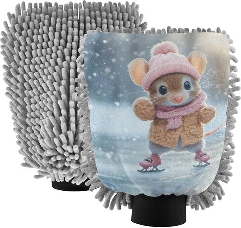 AIXIWAWA Car Wash Mitt Washing Glove Winter Mouse Print Scratch Free Water Absorbent 2 Pack Large in Saudi Arabia