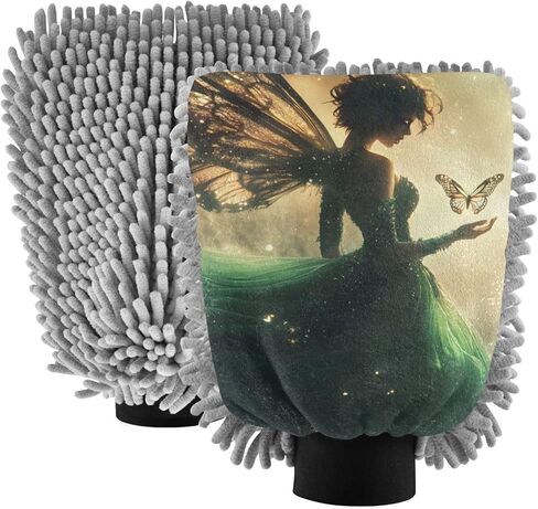 AIXIWAWA Car Wash Mitt Washing Glove Green Fairy Print Scratch Free Water Absorbent 2 Pack Medium in Saudi Arabia