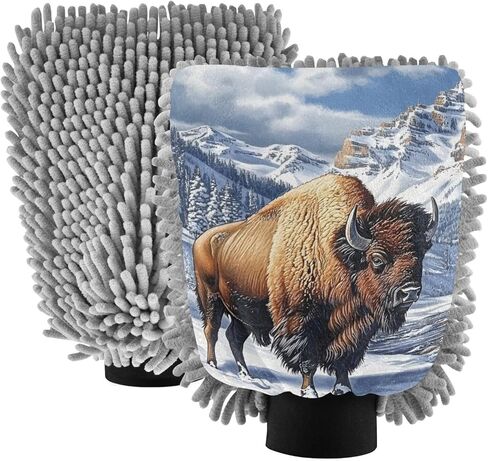 AIXIWAWA Snow Bison Print Car Wash Mitt Washing Glove Scratch Free Water Absorbent 2 Pack Medium in Saudi Arabia