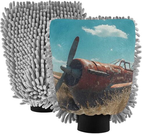 AIXIWAWA Car Wash Mitt Washing Glove Retro Plane Print Scratch Free Water Absorbent 2 Pack Medium in Saudi Arabia