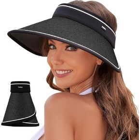 PuTian Sun Visor Hats for Women Wide Brim Ponytail Straw Summer Hat Roll-up Beach Cap UPF50+ UV