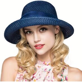 Women Straw Sun Hats Wide Brim Ribbons Roll Up Bucket UPF 50+ Foldable Floppy Sun Hat with Strap UV Protection Summer Beach