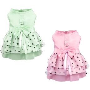 Hdwk&Hped Dog Dress with Leash Ring, Princess Multi-Layer Pleated Skirt Pentagram Bow Pet Dress for Small Dog Puppy Cat Pink #5