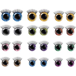 Yunlly 24 Pcs Glitter Safety Eyes for Amigurumi 12/14/16/18/20/25 mm Doll Safety Eyes with Eyelash for Crochet Stuffed Animal Eyes Craft for DIY Puppet Crafts Bear Toy Doll Making, Mixed Colors