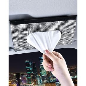 Xuduvay Bling Car Sun Visor Tissue Box Holder,PU Leather with Bling Crystal Rhinestones Tissue Holder,Car Accessories for Women (Black)