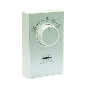 TPI Corporation ETD9STS Line Voltage Wall Mount Thermostat, Single Pole, Heat/Cool, 50-90 Degree Temp Range, Thermometer on Face Plate, Fahrenheit or Celsius, White