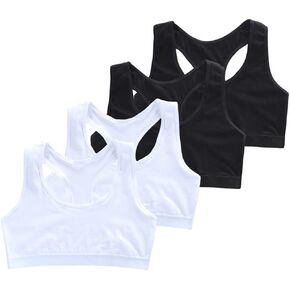 4 Pack Girls Unpadded Bra Seamless Breathable Cotton Bra Wireless Lightweight Sports Bras Girls Crop Tops for 9-14 Years