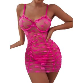 COZYEASE Women's 2 Piece Lingerie Set Heart Mesh Frill Trim Teddy Babydoll Lingerie Chemise Nightgown with Thong