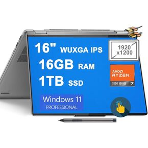 Lenovo Yoga 7 2-in-1 Laptop 16" WUXGA IPS Touchscreen AMD 8-Core Ryzen 7 7735U >i7-1255U 16GB DDR5 1TB SSD Radeon 680M Graphic Fingerprint Backlit USB-C with Pen Win11Pro Silver + HDMI Cable