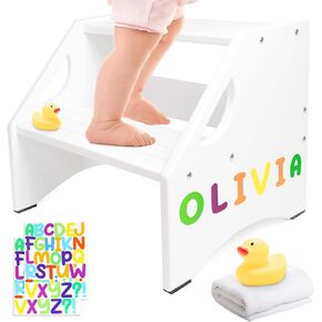Popin Lover Wooden Step Stool, Two Step Stools Toddler 300 lbs Capacity with Safety Non-Slip Pads and Handles, Wood Step Stool for Bathroom, Kitchen Step Stools Dual Height Step Stools for Kids