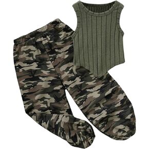 Floerns Toddler Girl's 2 Piece Outfit Rib Knit Tank Top with Camo Print Jogger Pants Set