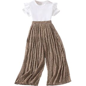 OYOANGLE Girl's 2 Piece Outfits Ruffle Trim Short Sleeve Tee and Dalmatian Print Wide Leg Pants Set
