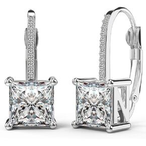 18K White Gold Plated Princess Cut Cubic Zirconia Drop Leverback Earrings Sterling Silver Square Simulated Diamond CZ Dangle Earrings for Women Hypoallergenic (CZ 8MM)