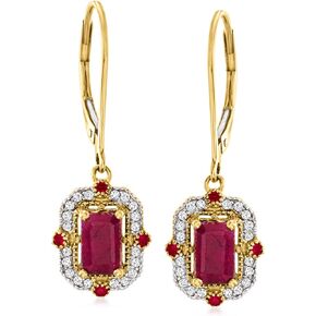 Ross-Simons 1.89 ct. t.w. Ruby and .14 ct. t.w. Diamond Drop Earrings in 14kt Yellow Gold
