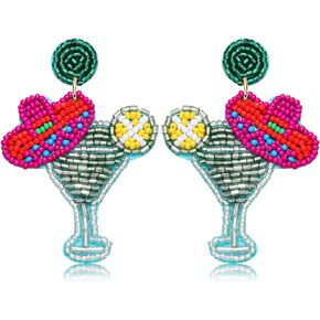 Beaded Cocktail Earrings Cinco De Mayo Earrings for Women Tropical Drink Hot Pink Drop Dangle Earrings Mexican Summer Holiday Jewelry Gifts
