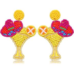 Beaded Cocktail Earrings Cinco De Mayo Earrings for Women Tropical Drink Hot Pink Drop Dangle Earrings Mexican Summer Holiday Jewelry Gifts