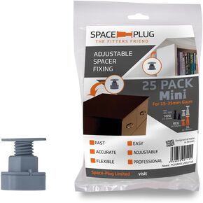 Space-Plug Adjustable Spacer Fixings (Mini Size for 15-35mm Gaps), 25 Pack of Grey Spacers, Professional & DIY use for Kitchen, Bedroom, Bathroom & Furniture installations