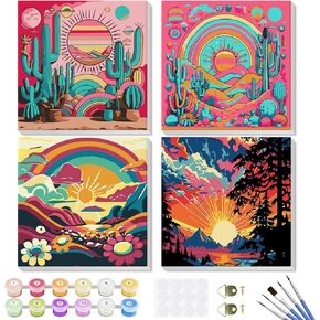 Paint by Number for Adults Beginners and Kids, 4 Pack DIY Adult Paint by Number Kits on Canvas Framed, Natural Abstract Landscape Acrylic Oil Painting by Numbers Kits Crafts for Home Decor 8x8inch