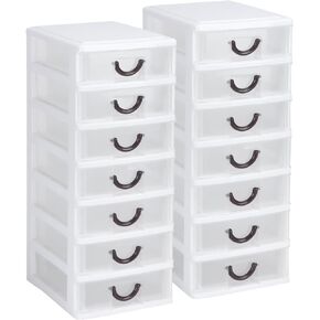 Rempry 2 Pack Mini Plastic Drawers Organizer, 7.1"x5.1"x13.2" Small Storage Drawers Organizer Container Case with 7 Clear Desktop Drawer Units, White