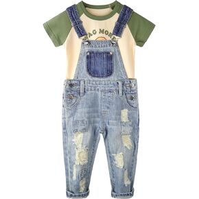 CHUMHEY Toddler Little Big Boys 2 Piece Outfits, Graphic Dinosaur Bear Planet Puppy Print Cotton T-shirt Denim Bib Overalls