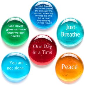 Lifeforce Glass Comfort Stones, Encouraging and Comforting Sayings Imprinted on Translucent and Opaque Glass Stones, for Anyone Facing a Challenge. Set of Six in White Gift Box