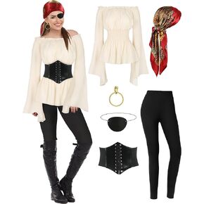 CICOCI Pirate Costume For Women With Accessories Renaissance Blouse Top Belt Headscarf Full Outfits