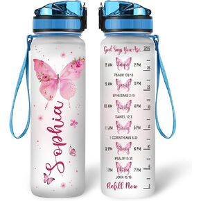 Hyturtle Personalized Jesus Christian Butterfly 32oz Liter Motivational Water Bottle, Customized Name Tracking Water Bottle With Time Marker Gifts For Women, Butterfly Lovers on Birthday