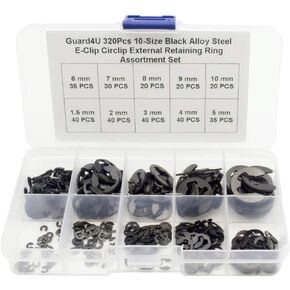 Guard4U 320Pcs 10-Size Black Alloy Steel E-Clip Circlip External Retaining Ring Assortment Set