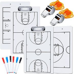 Fuutreo 2 Pcs Basketball Coaches Clipboard, White Double Sided Dry Erase Coach Clipboard with 6 Pieces of Dry Erase Marker Pens in 3 Colors and 2 Pieces of Whistles for School Sports Training