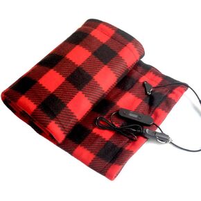 12V Electric Car Blanket, Heated Fleece Travel Throw with Temperature Control, Foldable, Rapid Heating, Perfect for Car RV Winter, Office Use (black and red grid)