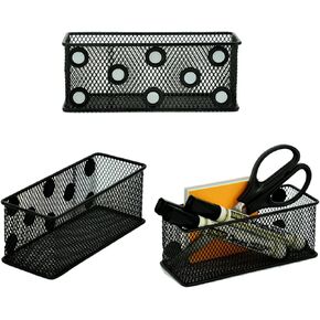 Neudeco Magnetic Locker Organizer and Accessories，Wire Mesh Magnetic Storage Basket,Magnetic Holder for Dry Erase Markers,Strong Magnet Pen Holder for Fridge School,Pack 3 (Black)