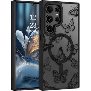 BENTOBEN Magnetic for Samsung Galaxy S24 Ultra Case, Cute Butterfly Pattern Galaxy S24 Ultra Case [Compatible with MagSafe] Translucent Matte Slim Women Girl Protective Cover Case for S24 Ultra, Black