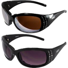 Global Vision 2 Pairs of Marilyn-2 Plus Women's Padded Motorcycle Riding Sunglasses Bling Black Frames with Driving Mirror & Smoke Lenses