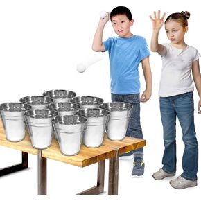 Gamie Bucket Ping Pong Ball Game Includes 9 Metal Buckets, 12 Balls, and 1 Number Sticker Sheet - Fun Party Activity for Kids and Adults, Great Idea for Kids