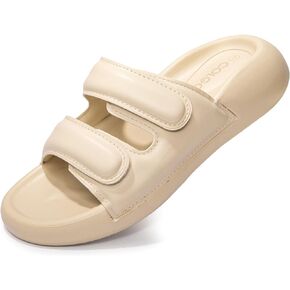 Colgo Womens Slide Sandals Double Hook&Loop Adjustable Strap Flat Sandals Comfortable Slip-on Summer Slides