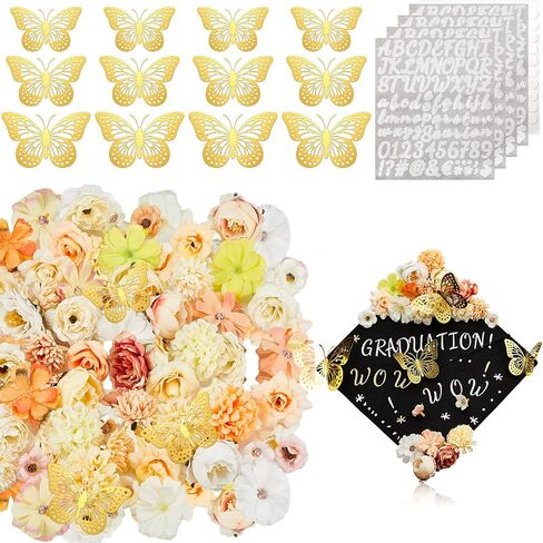 Hanaive 76 Pcs Handmade Graduation Cap Decoration Kit Includes 60 Pcs Assorted Flower Heads 12 Pcs 3D Butterflies(Cute Color) in Saudi Arabia