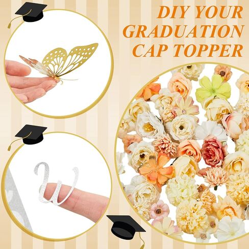 Hanaive 76 Pcs Handmade Graduation Cap Decoration Kit Includes 60 Pcs Assorted Flower Heads 12 Pcs 3D Butterflies(Cute Color) in Saudi Arabia