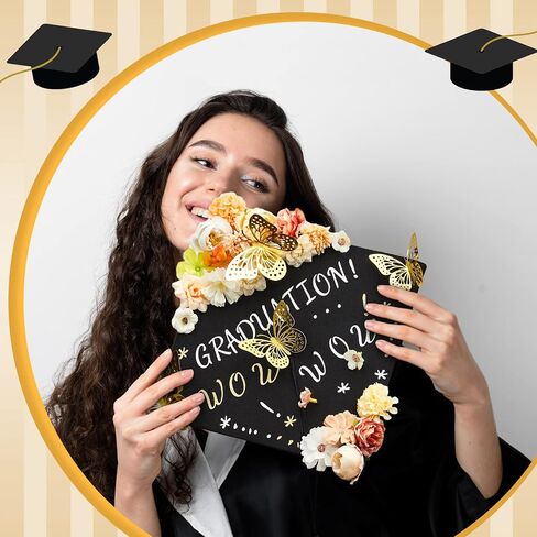 Hanaive 76 Pcs Handmade Graduation Cap Decoration Kit Includes 60 Pcs Assorted Flower Heads 12 Pcs 3D Butterflies(Cute Color) in Saudi Arabia