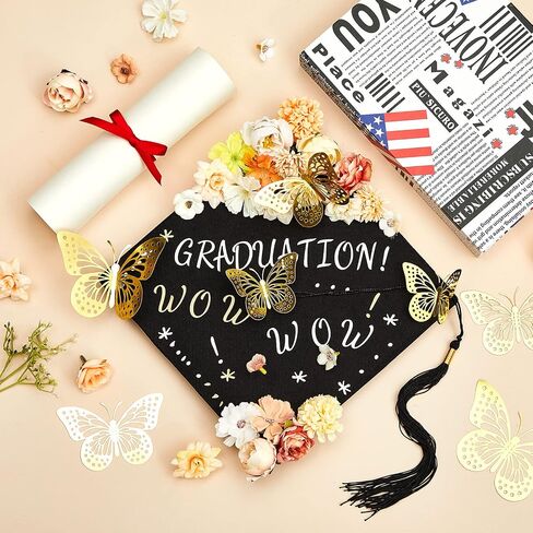 Hanaive 76 Pcs Handmade Graduation Cap Decoration Kit Includes 60 Pcs Assorted Flower Heads 12 Pcs 3D Butterflies(Cute Color) in Saudi Arabia