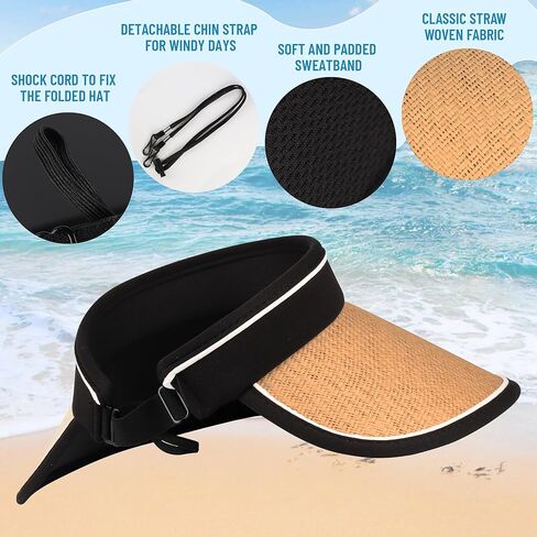 PuTian Sun Visor Hats for Women Wide Brim Ponytail Straw Summer Hat Roll-up Beach Cap UPF50+ UV in Saudi Arabia